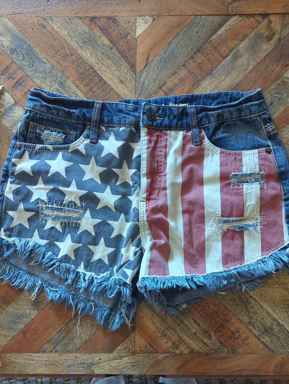 Stars & Stripes Distressed Denim Shorts - Blue/Red